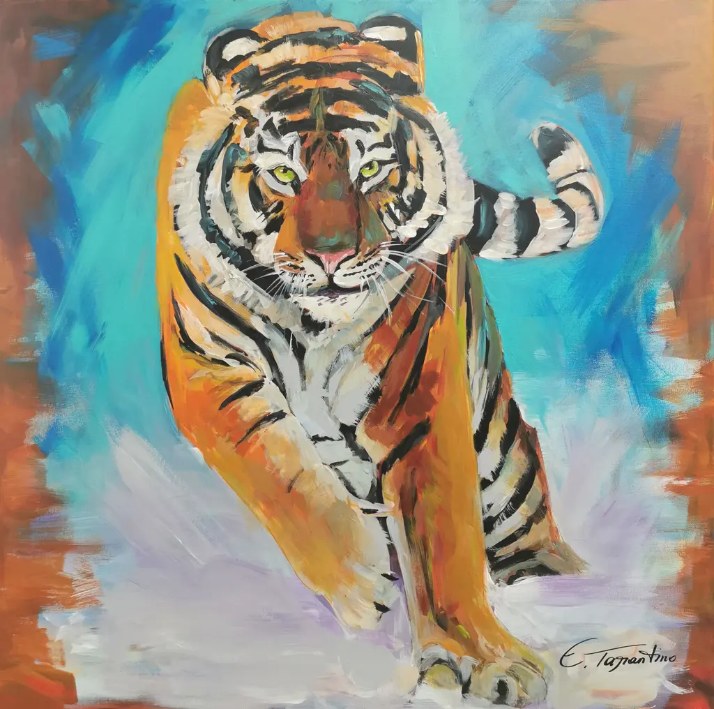 Tiger - Kraftvolles Raubkatzenportrait Acrylbild auf Leinwand 80x80cm von Arte Tarantino